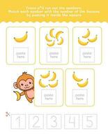 One To Five Number And Word Tracing Worksheet. Cut And Paste Worksheet With Banana Pictures. Premium Vector Element.