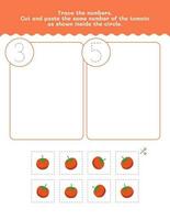 Three And Five Counting And Tracing Number Worksheet. Cut And Paste Worksheet With Tomato Pictures. Premium Vector Element.