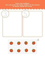 Three And Five Counting And Tracing Number Worksheet. Cut And Paste Worksheet With Tomato Pictures. Premium Vector Element.