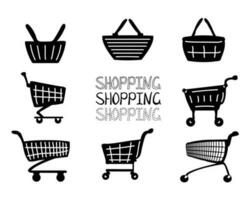 Set of hand drawn black silhouette icons of shopping baskets and shopping cart. Isolated on white background. vector