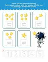 One To Five Number And Word Tracing Worksheet. Cut And Paste Worksheet With Sun Pictures. Premium Vector Element.