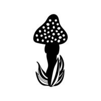 Hand drawn silhouette of mushroom in grass, doodle cute fly agaric in cartoon style, icon in solid style. Isolated on white background. vector