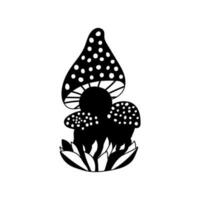 Hand drawn silhouette of mushrooms in grass, doodle cute fly agaric in cartoon style, icon in solid style. Isolated on white background. vector