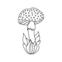 Hand drawn mushroom in grass, doodle cute fly agaric in cartoon style. Isolated on white background. vector