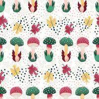 Colorful seamless pattern with hand drawn mushrooms in grass, cute Fly Agaric and dots and maple leaves in cartoon style on white background. vector