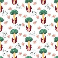 Colorful seamless pattern with hand drawn mushrooms in grass, cute Fly Agaric and dots and maple leaves in cartoon style on white background. vector