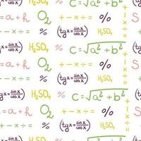 Colorful seamless pattern with hand drawn doodle chemical, mathematical, geometric formulas and symbols on a white background vector