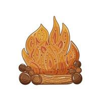 Hand drawn colorful cartoon illustration of bonfire, campfire with burning logs and glowing hot red and yellow flame. Isolated on white background. vector