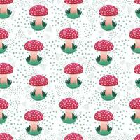 Colorful seamless pattern with hand drawn mushrooms in grass, cute Fly Agaric and dots in cartoon style on white background. vector