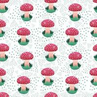 Colorful seamless pattern with hand drawn mushrooms in grass, cute Fly Agaric and dots in cartoon style on white background. vector