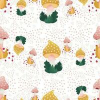 Colorful seamless pattern with hand drawn mushrooms in grass, cute Fly Agaric and dots in cartoon style on white background. vector