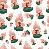 Colorful seamless pattern with hand drawn mushrooms in grass, cute Fly Agaric and dots in cartoon style on white background. vector