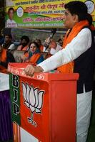 nueva delhi, india - 27 de noviembre de 2022 - ministro del gabinete piyush goyal y miembro principal del partido bharatiya janata - bjp durante una manifestación en apoyo del candidato bjp antes de las elecciones del organismo local mcd 2022 foto