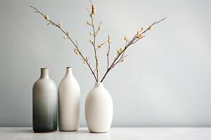 a simple house a wooden shelf with a vase of blossoming branches against a white background photo