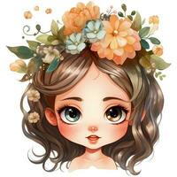 linda dibujos animados niña vistiendo un corona de flores en su pelo ai generativo foto