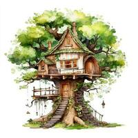 Watercolor illustration of a tree house in the shape of a house AI Generative photo