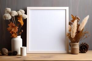 Blank picture frame on a wooden table in a modern living room Mock up AI Generative photo