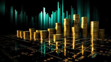 Stacks of gold coins on dark background, business and finance concept AI Generative photo