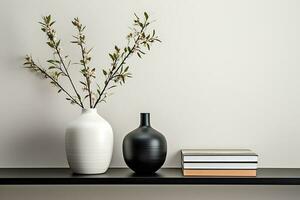 a simple house a wooden shelf with a vase of blossoming branches against a white background AI Generative photo