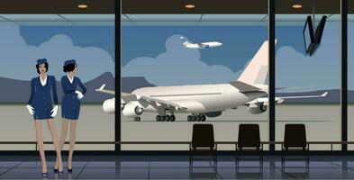 Stewardesses in the lobby of the airport against the backdrop of a panoramic window. Vector. vector