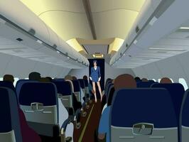 In the cabin of the aircraft, the stewardess looks at the passengers. Vector. vector