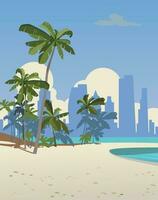 Oceanic beach with palm trees in the background of skyscrapers. Vector. vector