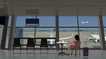 un niña en un café a el aeropuerto, cerca el ventana con vista a el aviones vector. vector