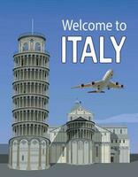 Leaning Tower of Pisa and a flying airliner. Vector. vector