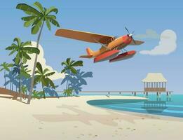 A seaplane flies over an island with palm trees. Vector. vector