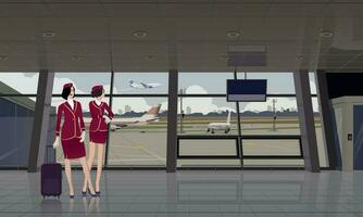 Flight attendants at the airport terminal. Vector