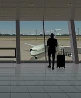 The passenger at the airport near the window looks at the planes. Vector. vector