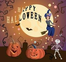 Halloween pumpkins, skeleton and witch on the background of a huge moon. Vector. vector