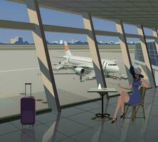 The girl at the airport at the table on the background of the plane. Vector. vector