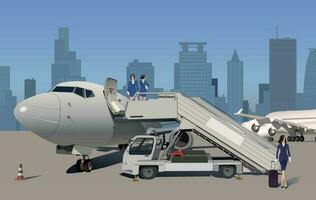 Gangway near the plane and the stewardess. Vector. vector