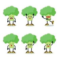 cute broccoli cartoon character different pose activity vector illustration. Vegetable with many face expression emotion.