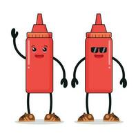 Cute tomato sauce bottle standing together. Friend forever vector illustration different pose expression.