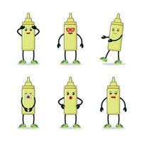 Cute mustard bottle character different pose activity. Mayonnaise different face expression vector illustration set.