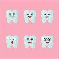 Cute happy teeth character different pose activity. tooth different face expression vector illustration set.