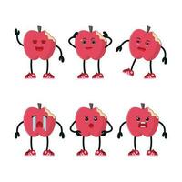 Cute happy bite red apple character different pose activity. Fruit different face expression vector illustration set.