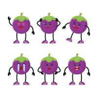 Cute happy mangosteen character different pose activity. funny Fruit different face expression vector illustration set.