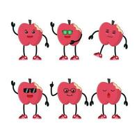 Cute bite red apple wear sunglasses character different pose activity. Fruit different face expression vector illustration set.