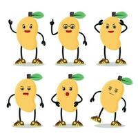 Cute happy mango character different pose activity. Fruit different face expression vector illustration set.