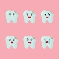 Cute teeth cavity character different pose activity. Tooth different face expression vector illustration set.