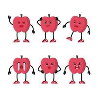 Cute happy red apple character different pose activity. Fruit different face expression vector illustration set.