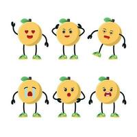 Cute happy orange character different pose activity. Fruit different face expression vector illustration set.