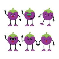 Cute happy mangosteen character different pose activity. Fruit different face expression vector illustration set.