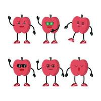 Cute red apple wear sunglasses character different pose activity. Fruit different face expression vector illustration set.