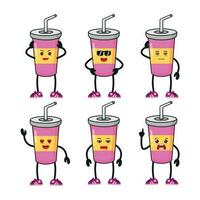 Cute strawberry milkshake different pose activity. funny soft drink different face expression vector illustration set.