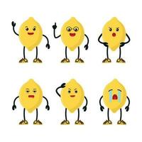 Cute happy lemon different pose activity. funny fruit different face expression vector illustration set.