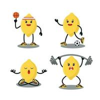 cute yellow lemon exercise different sport activity vector illustration